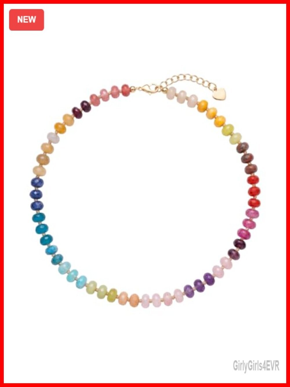 Beaded Choker Necklace, Handmade Gemstone with 18K Gold Plated Heart Charm